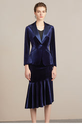 Blue Velvet Pleated Tibetan Asymmetric Skirt Suit - FashionByTeresa